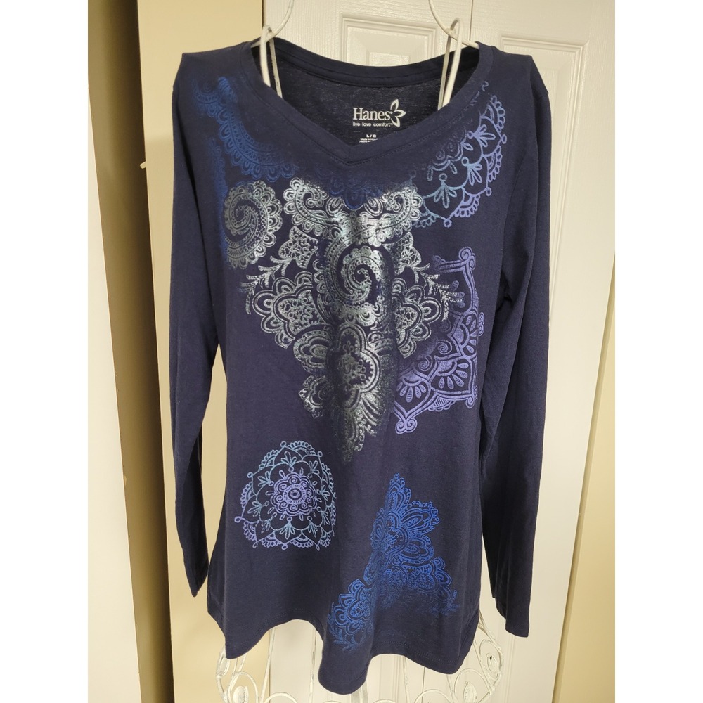 Hanes Live Love Comfort Navy Blue Metallic Mandala  Long Sleeve V-Neck T